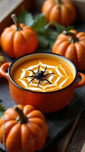  Pumpkin soup with spider web and plastic spider surrounded by Halloween pumpkins. 