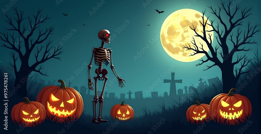 Fototapeta premium Skeleton and jack-o'-lanterns under a full moon in a haunted graveyard. Ideal for Halloween party invitations and spooky-themed promotions