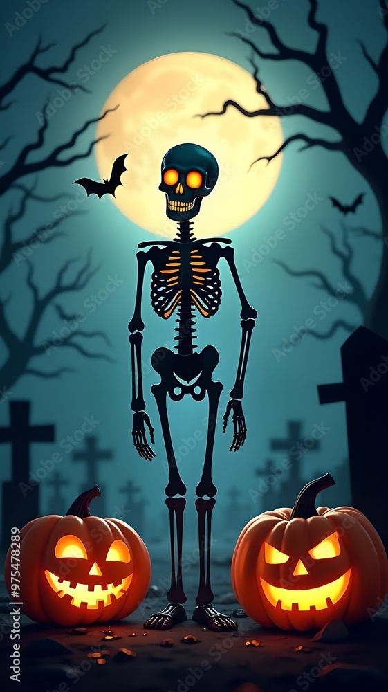 Skeleton and jack-o'-lanterns under a full moon in a haunted graveyard. Ideal for Halloween party invitations and spooky-themed promotions Skeleton and jack-o'-lanterns under a full moon in a haunted graveyard. Ideal for Halloween party invitations and spooky-themed promotions
