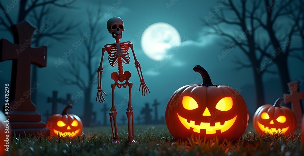 Skeleton and jack-o'-lanterns under a full moon in a haunted graveyard. Ideal for Halloween party invitations and spooky-themed promotions Skeleton and jack-o'-lanterns under a full moon in a haunted graveyard. Ideal for Halloween party invitations and spooky-themed promotions