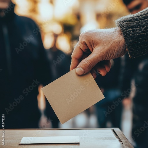 A hand placing a ballot into a box during a voting event, symbolizing civic duty and democratic participation. photo