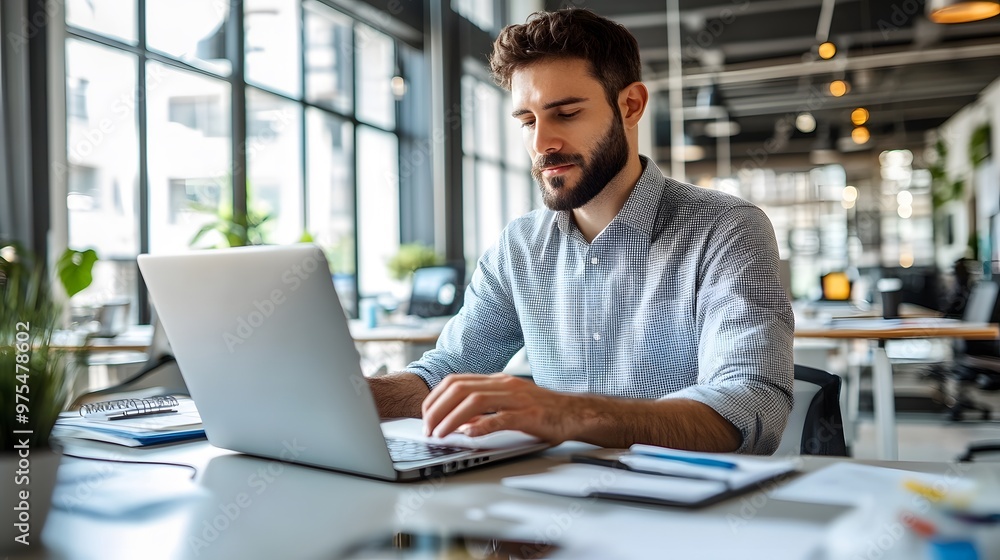 Bearded Man Working on a Laptop in an Office Bearded Man Working on a Laptop in an Office