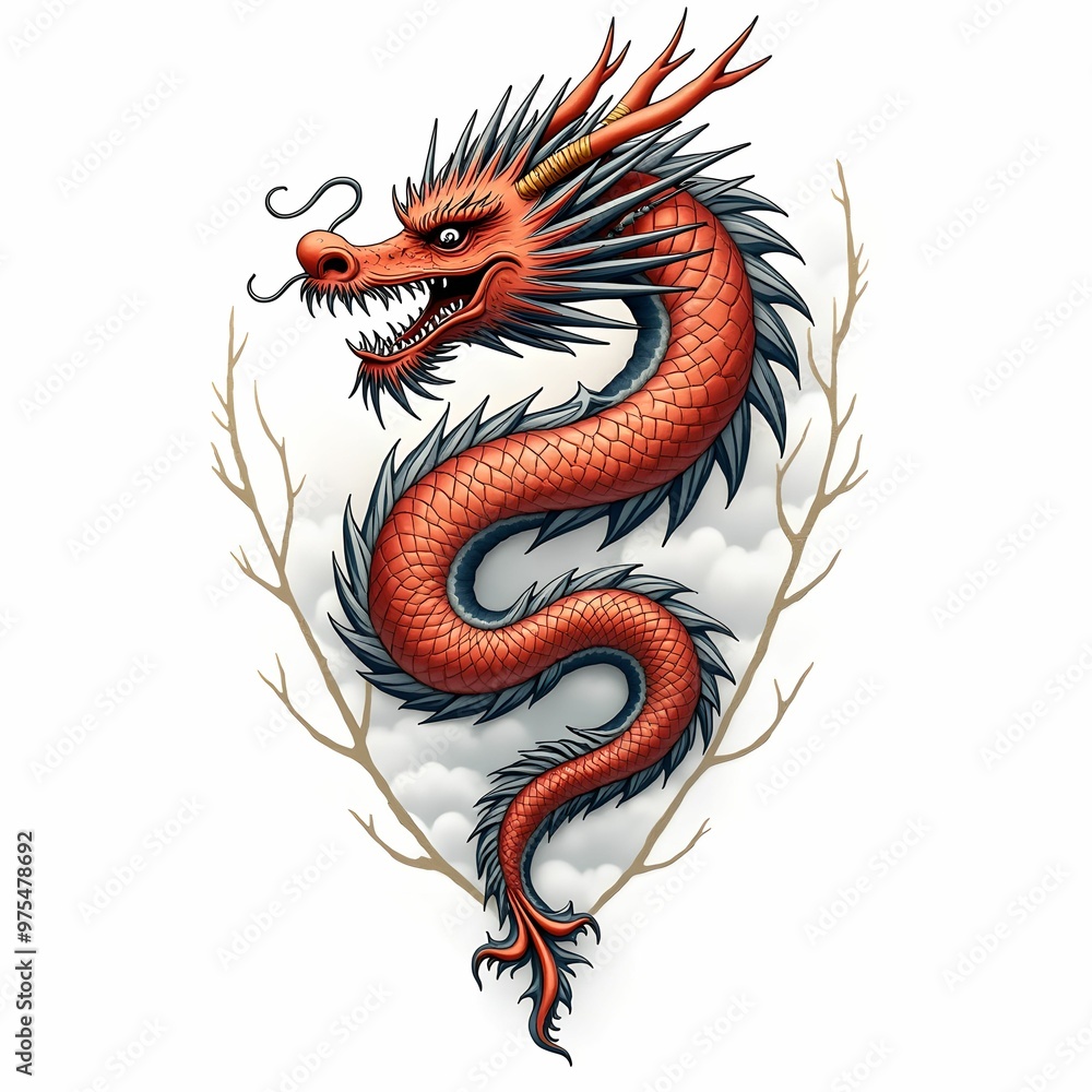Obraz premium Sticker, dragon tattoo sketch on white background