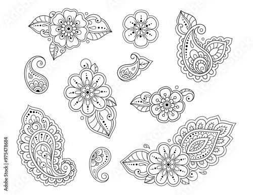 Set of Mehndi flower pattern for Henna drawing and tattoo. Decoration in ethnic oriental, Indian style. Doodle ornament. Outline hand draw vector illustration.