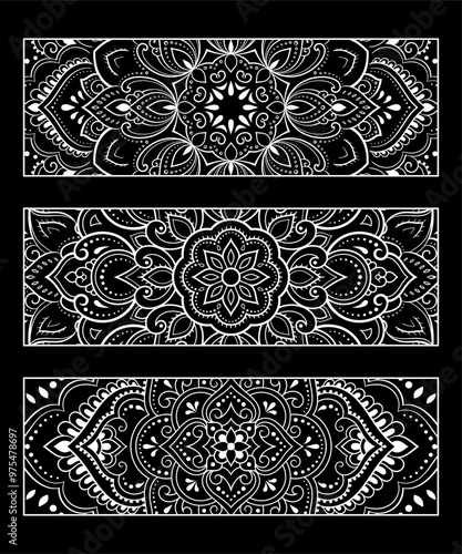 Printable bookmark for book - coloring. Set of black and white labels with flower patterns, hand draw in mehndi style. Sketch of ornaments for creativity of children and adults with colored pencils.