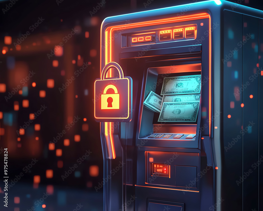 Futuristic ATM with glowing neon lights and a padlock symbol, dispensing cash. Futuristic ATM with glowing neon lights and a padlock symbol, dispensing cash.