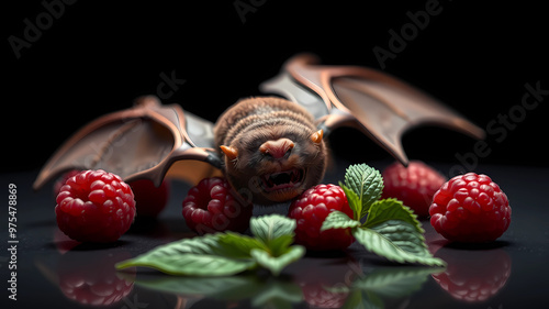 Bat with raspberries, elegant, luxury, clean, smooth, elegant, beautiful, highly detailed, sharp focus, studio photography, xf iq 4, 1 5 0 mp, 5 0 mm, iso 2 0 0, 1 / 1 6 0 s, realistic, natural light, photo