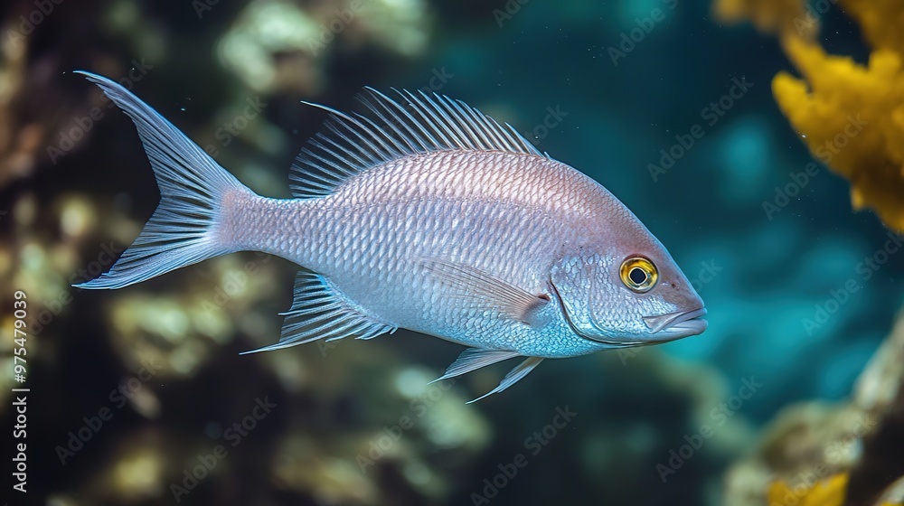 Silver Snapper Fish with Sleek Body and Pointed Fins. The image showcases the elegant and streamlined form of a silver snapper, highlighting its reflective scales, sharp fins, and sleek body structur Silver Snapper Fish with Sleek Body and Pointed Fins. The image showcases the elegant and streamlined form of a silver snapper, highlighting its reflective scales, sharp fins, and sleek body structur