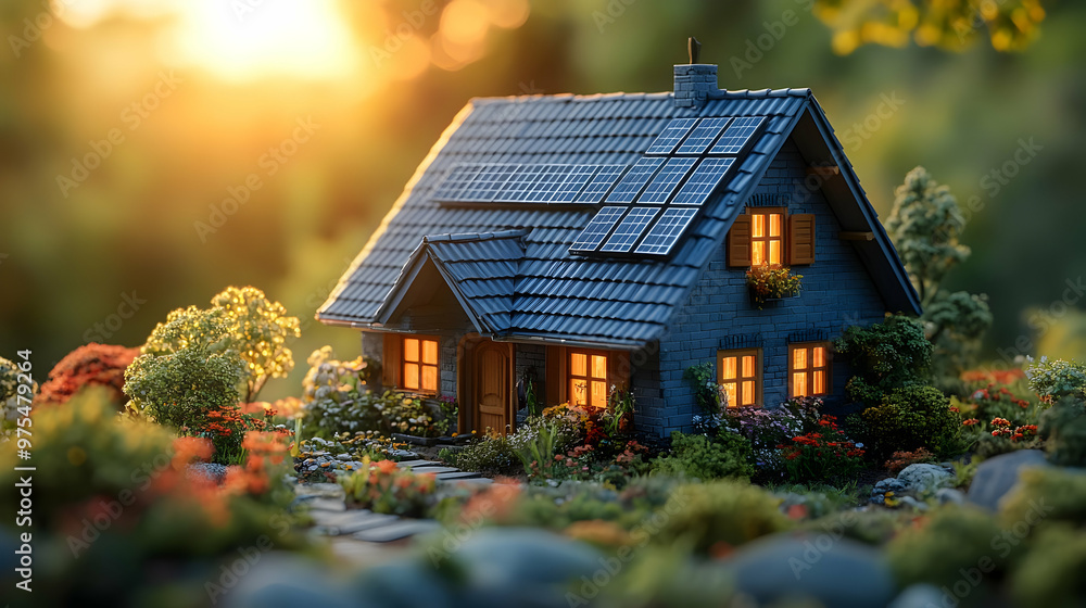 Small House with Solar Panels in a Garden at Sunset - 3D Illustration Small House with Solar Panels in a Garden at Sunset - 3D Illustration