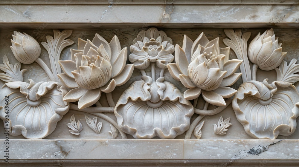 This volumetric stucco molding features a serene scene with lotus flowers and leaves, symbolic of enlightenment and purity. This volumetric stucco molding features a serene scene with lotus flowers and leaves, symbolic of enlightenment and purity.