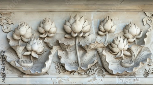 This volumetric stucco molding features a serene scene with lotus flowers and leaves, symbolic of enlightenment and purity.