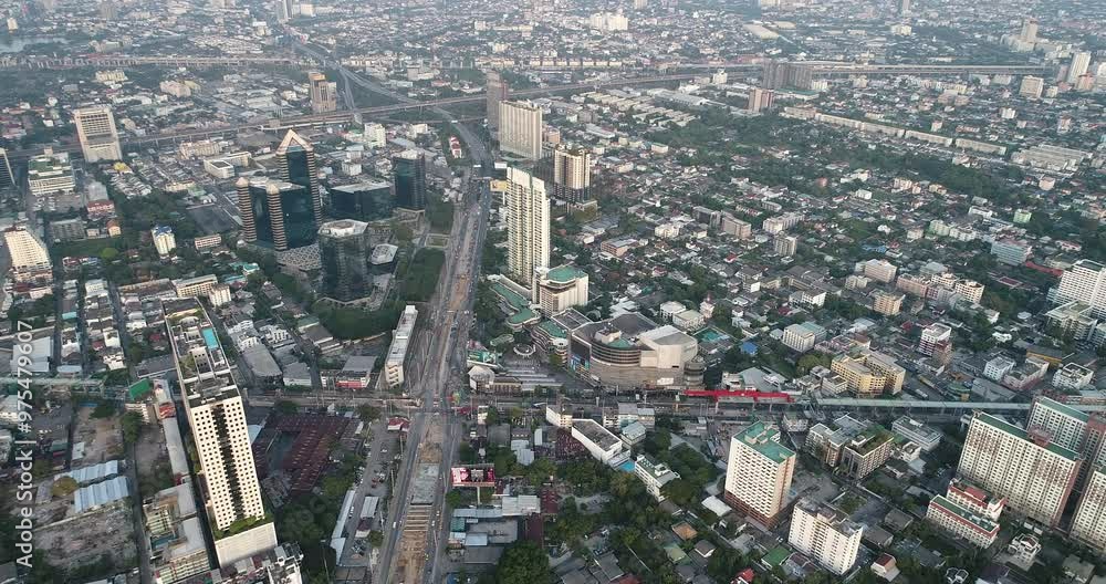 Aerial view morning sunrise modern office building transport road with fog smoke Bangkok Thailand Aerial view morning sunrise modern office building transport road with fog smoke Bangkok Thailand