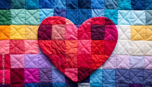 A patchwork heart sewn onto a childs quilt, colorful and comforting in this homey illustration