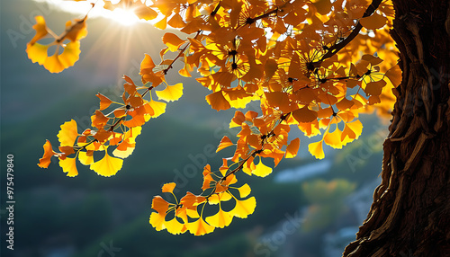 Golden Ginkgo leaves in Dalian's Lushun, autumn beauty reflects Sun Valley. photo