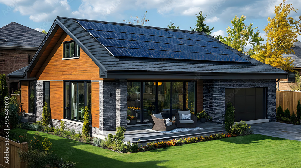 Modern House with Solar Panels and Patio Illustration Modern House with Solar Panels and Patio Illustration