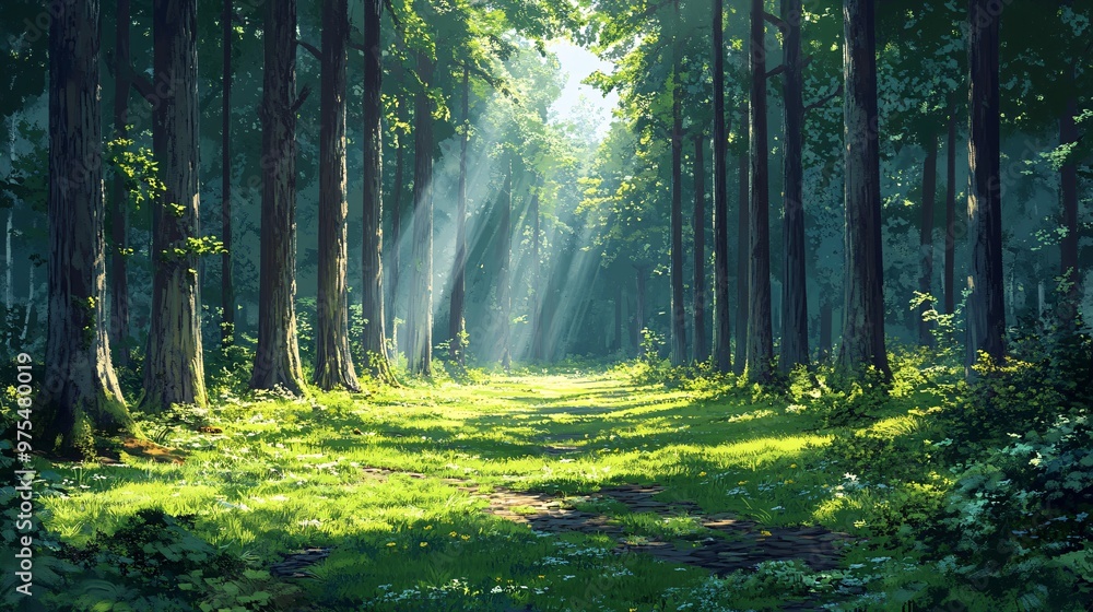 Fototapeta premium Serene Temperate Forest Canopy with Sun-Dappled Floor Copy Space