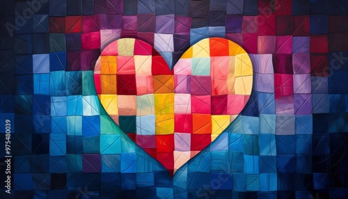 A patchwork heart sewn onto a childs quilt, colorful and comforting in this homey illustration