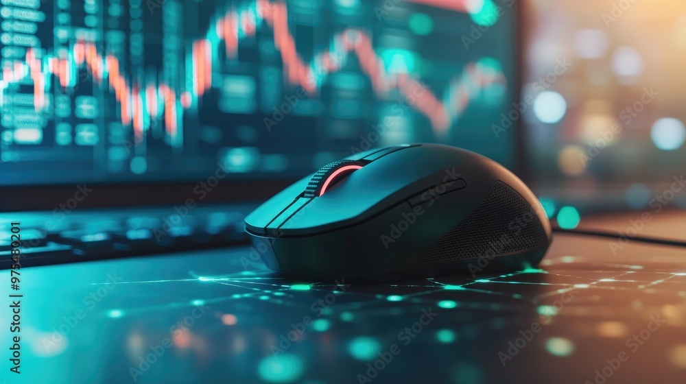 A close-up of a computer mouse and stock market charts, symbolizing digital trading and investment. A close-up of a computer mouse and stock market charts, symbolizing digital trading and investment.