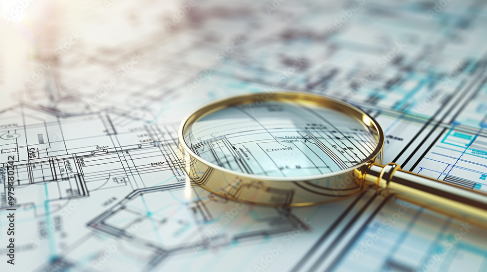 Magnifying glass inspecting detailed architectural blueprint of building floor plan Magnifying glass inspecting detailed architectural blueprint of building floor plan