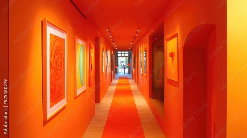 Vibrant orange hallway with orange walls, an orange runner, and bold orange artwork. Vibrant orange hallway with orange walls, an orange runner, and bold orange artwork.