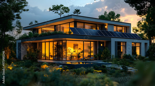 Modern House with Green Roof and Solar Panels at Dusk - 3D Illustration