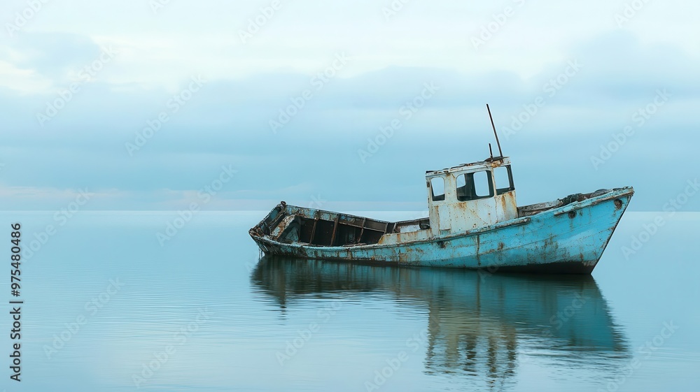 Fototapeta premium An abandoned fishing boat, slowly sinking into the sea, neglect, forgotten dreams