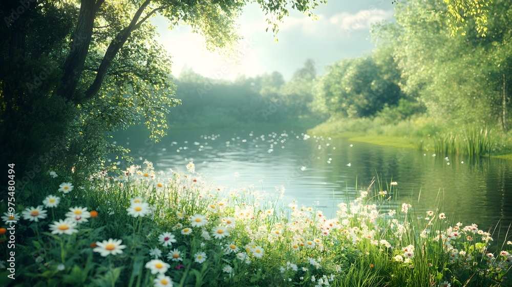 Fototapeta premium Tranquil Riverbank with Blooming Daisies