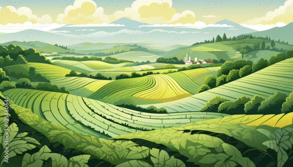 A patchwork of farmland seen from above, fields of different crops creating a quiltlike pattern in this rural background illustration A patchwork of farmland seen from above, fields of different crops creating a quiltlike pattern in this rural background illustration