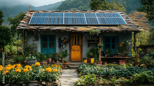 Charming Cottage with Solar Panels and Flower Garden -  Realistic Image