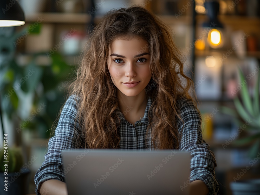 Focused Young Woman Working on Laptop in a Cozy, Well-Lit Home Office Focused Young Woman Working on Laptop in a Cozy, Well-Lit Home Office