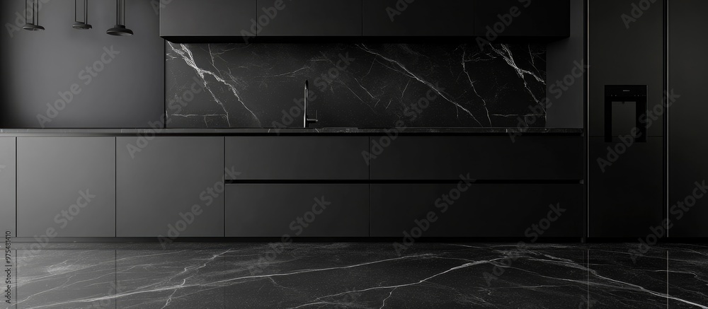 Minimalist black kitchen design featuring an open layout on grey marble flooring Includes a kitchen table and sink in a spacious contemporary environment 3D render without people Minimalist black kitchen design featuring an open layout on grey marble flooring Includes a kitchen table and sink in a spacious contemporary environment 3D render without people