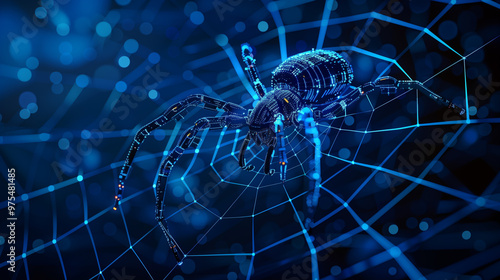 Robotic spider on a glowing web, symbolizing cybersecurity and digital networks