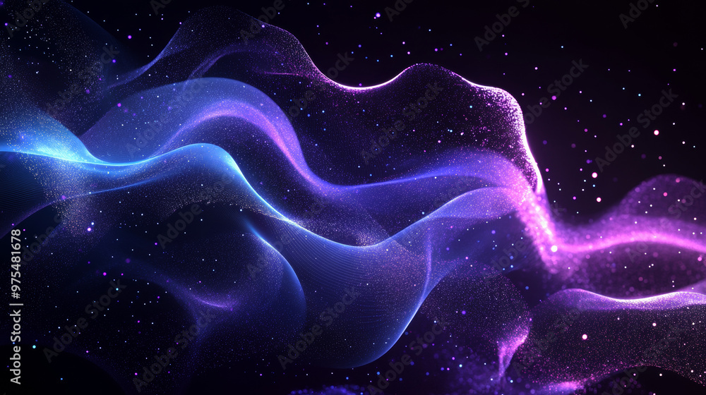 A dark background with a glowing wave made of shiny, moving lines. It's a modern design with purple and blue colors, and it looks like a futuristic technology concept. A dark background with a glowing wave made of shiny, moving lines. It's a modern design with purple and blue colors, and it looks like a futuristic technology concept.