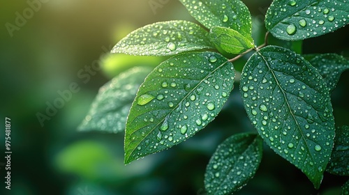 A Close-Up View of Fresh Green Leaves with Dew Drops for Nature and Wellness Themes