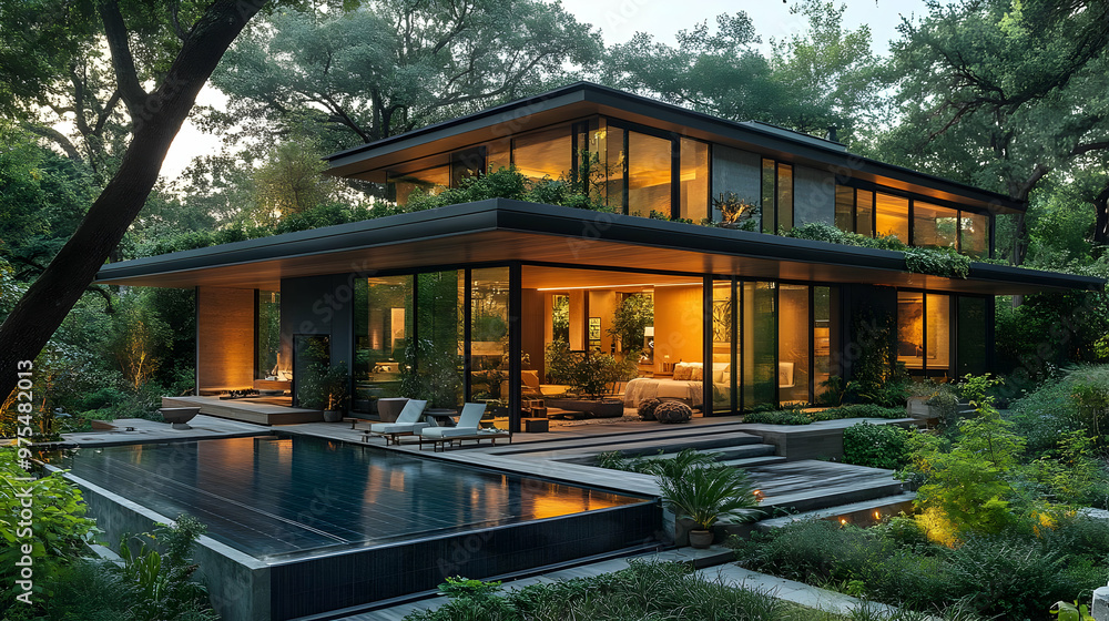 Modern House with Pool and Green Roof in a Lush Forest - Realistic Image Modern House with Pool and Green Roof in a Lush Forest - Realistic Image