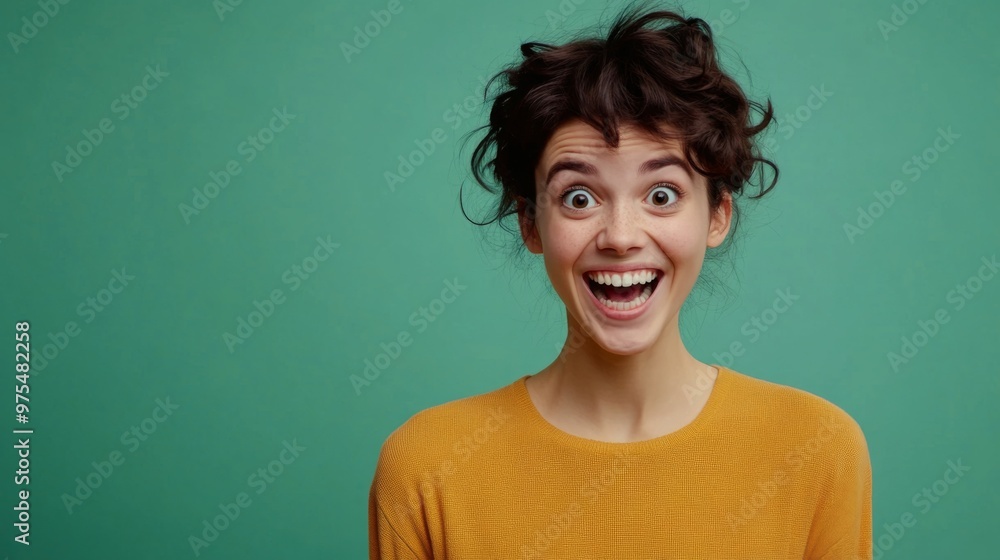 An excited person with wide eyes and an enthusiastic smile, standing against a plain color background with copy space An excited person with wide eyes and an enthusiastic smile, standing against a plain color background with copy space