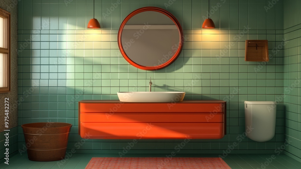 Minimalist Green Bathroom Interior with Orange Accents and Round Mirror, Bathroom design, bathroom decor, interior design Minimalist Green Bathroom Interior with Orange Accents and Round Mirror, Bathroom design, bathroom decor, interior design