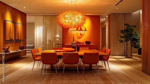 Warm orange dining room with orange chairs, a large orange chandelier, and soft orange lighting. photo