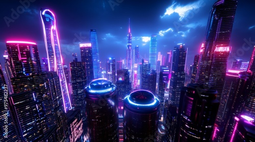 Wallpaper Mural Neon Cityscape at Night with Skyscrapers and Vivid Lights Torontodigital.ca