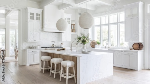 White kitchen with a white marble island, white stools, and white hanging lights.