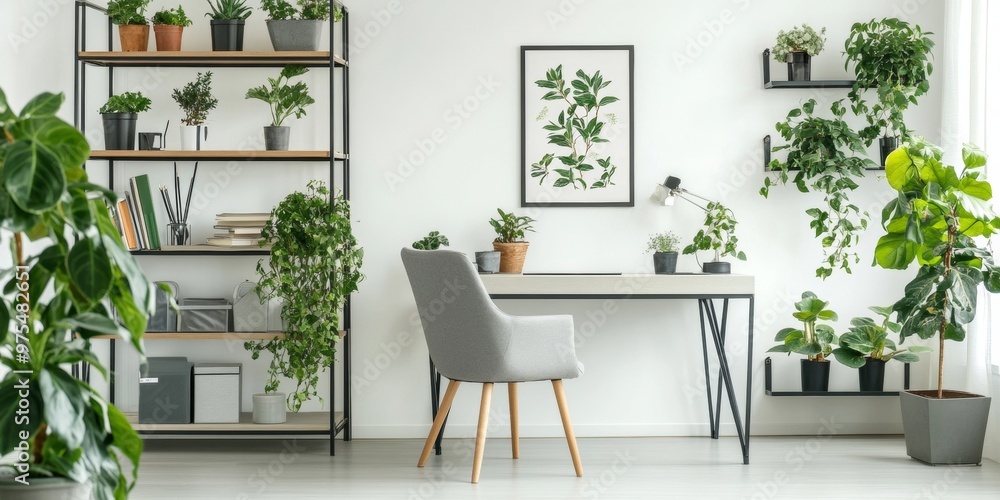 Home office with a minimalist design, featuring wood desk with decorative items, a chair, and potted plants. The doorway leads to a cozy adjoining room Home office with a minimalist design, featuring wood desk with decorative items, a chair, and potted plants. The doorway leads to a cozy adjoining room