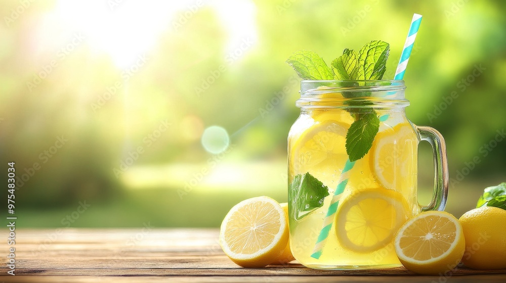 Fototapeta premium Refreshing Lemonade in a Mason Jar with Mint and Lemon Slices, Summer Drink , Citrus , Beverage