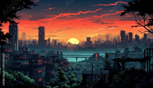 A postapocalyptic cityscape, buildings in ruins and nature reclaiming the streets in this dystopian background illustration
