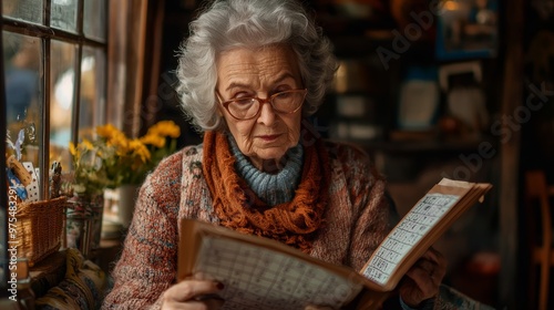 Senior Woman Reading Crossword Puzzle by Window