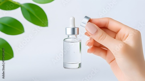 Aesthetic view of a clear serum bottle held by a hand, surrounded by lush green leaves, symbolizing beauty and skincare. photo