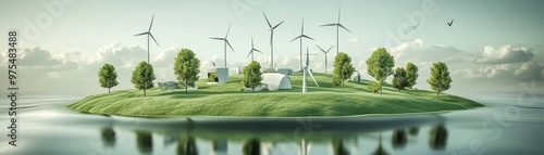 Sustainable Utopia Wind Turbines Power a Lush Island, 3D Render, Eco-Friendly Living, Green Energy, Environmentalism, Nature