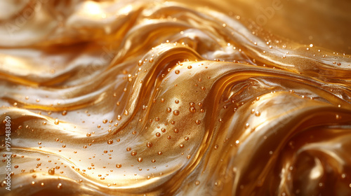 Abstract background of liquid gold, shimmering and flowing with small bubbles