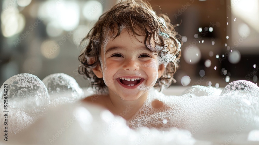 Happy Child Taking a Bath in Bubbly Water