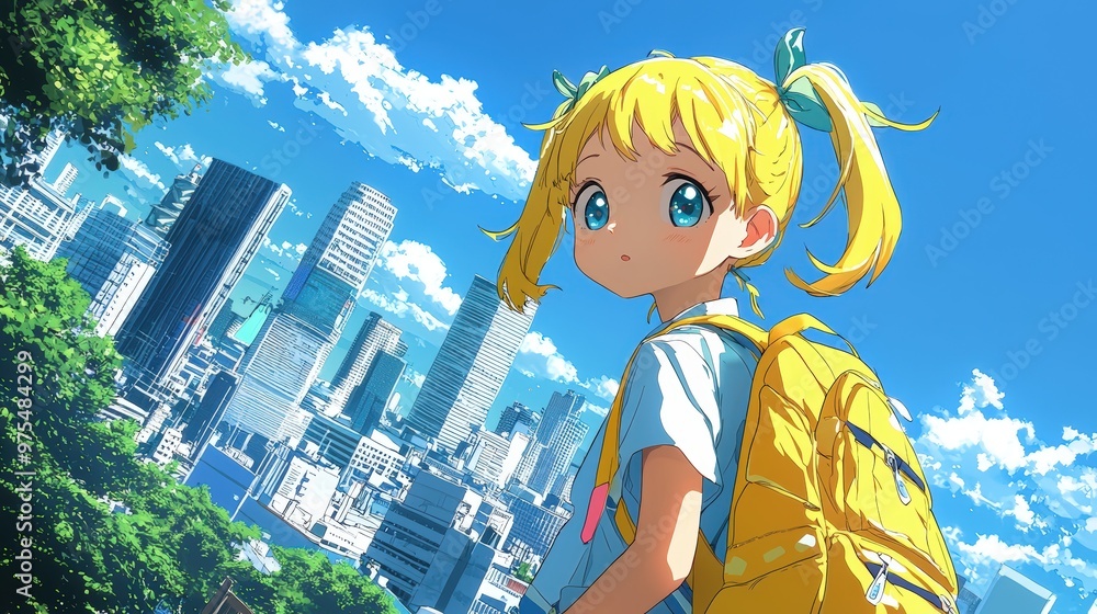 A young girl with blonde pigtails gazes at a vibrant city skyline. A young girl with blonde pigtails gazes at a vibrant city skyline.