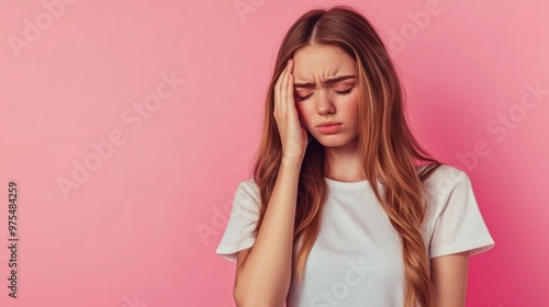 Beautiful young woman suffering from headache on pink background. with sopy space photo